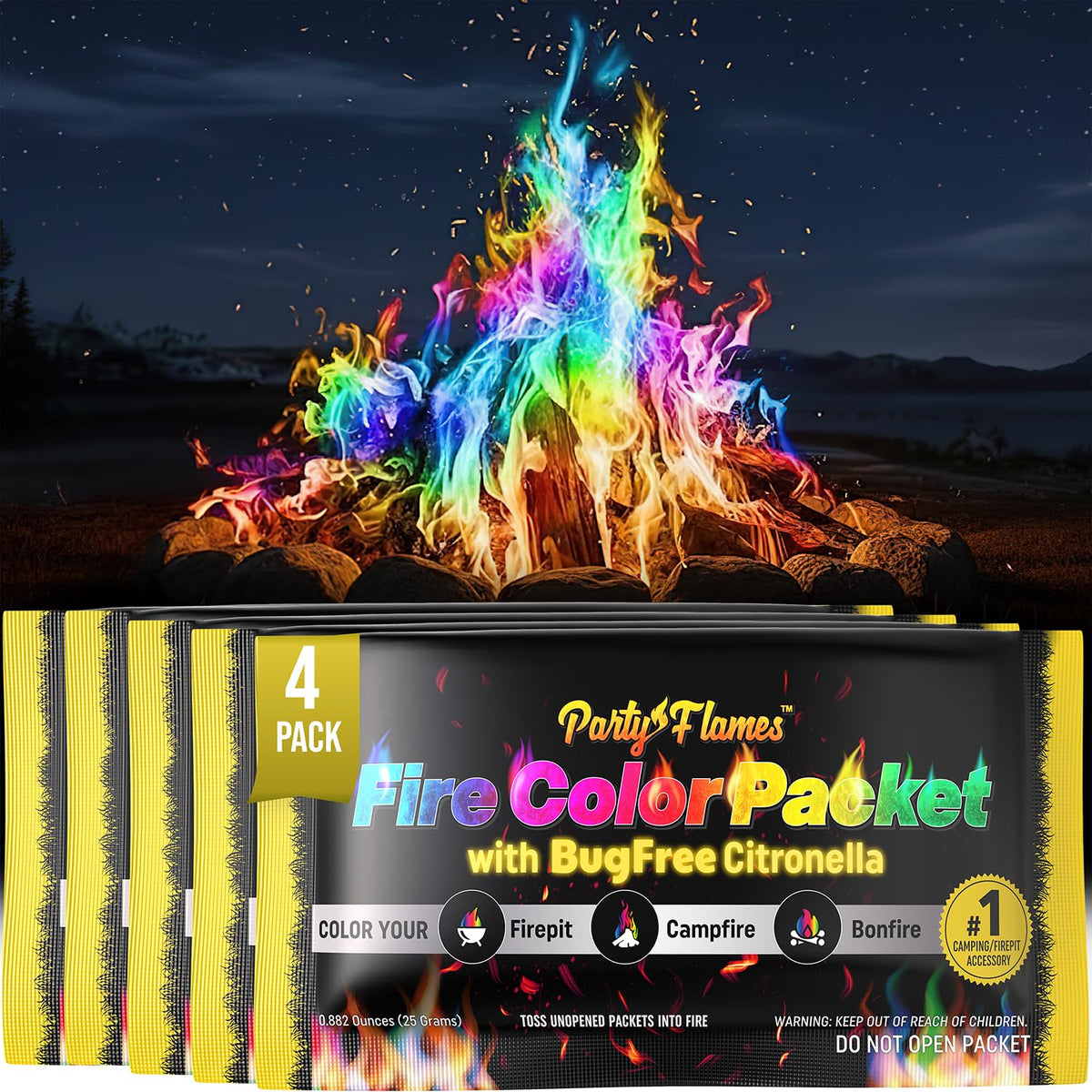 Party Flames color-changing packets altering campfire flames for a vivid, family-friendly display.