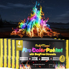 Party Flames color-changing packets altering campfire flames for a vivid, family-friendly display.