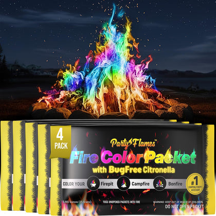 Party Flames color-changing packets altering campfire flames for a vivid, family-friendly display.