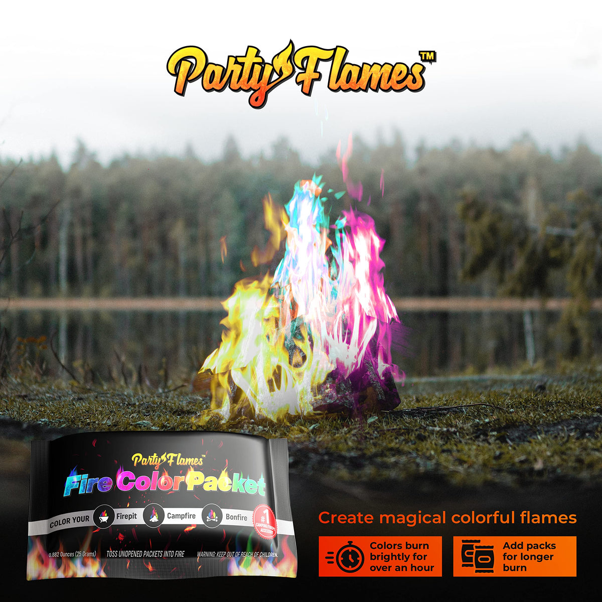 Party Flames fire color packets deliver vibrant rainbow flames for camping and backyard nights