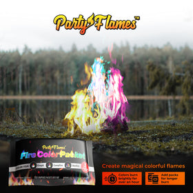 Party Flames fire color packets deliver vibrant rainbow flames for camping and backyard nights