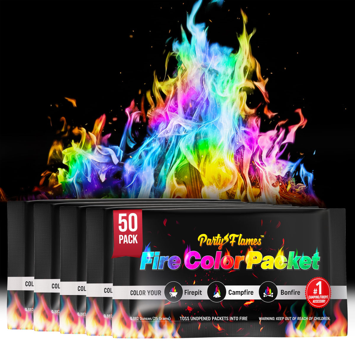 Party Flames magic campfire packets box front showing rainbow flames for outdoor fires.