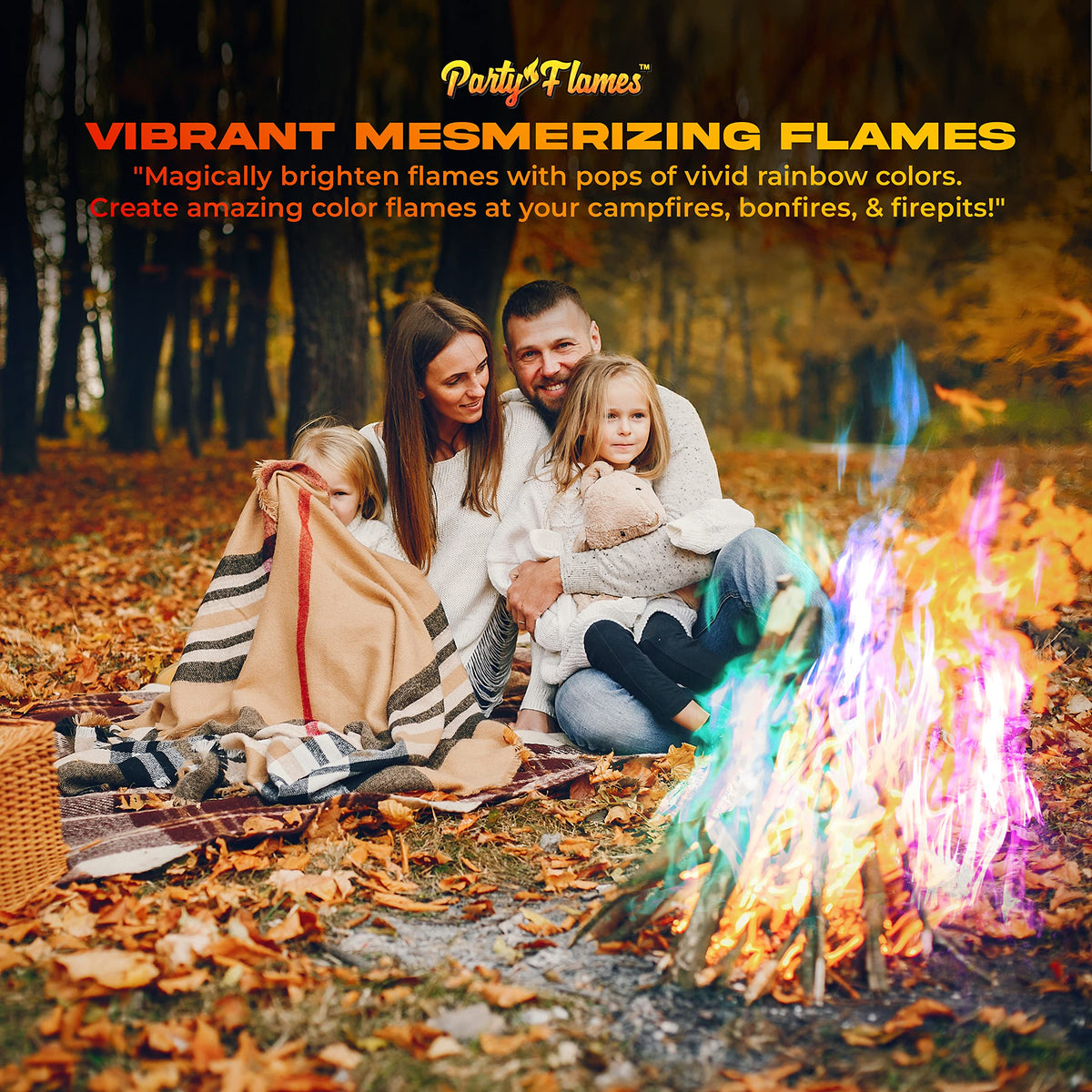 Party Flames packaging close-up highlighting easy use and safety.