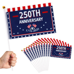 Party Greeting 250th anniversary flag on stick, 8x12, ready for ceremonies.