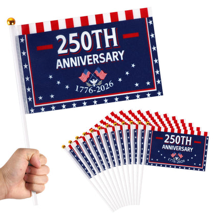Party Greeting 250th anniversary flag on stick, 8x12, ready for ceremonies.