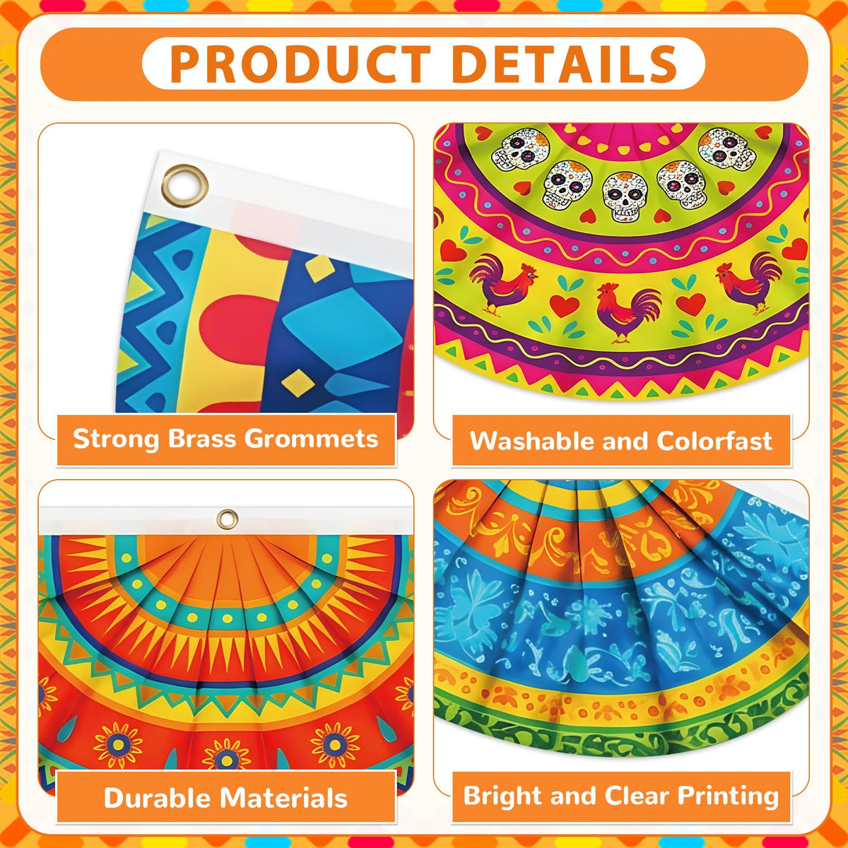 Day of the Dead sugar skull motif on colorful bunting flags for festive use.