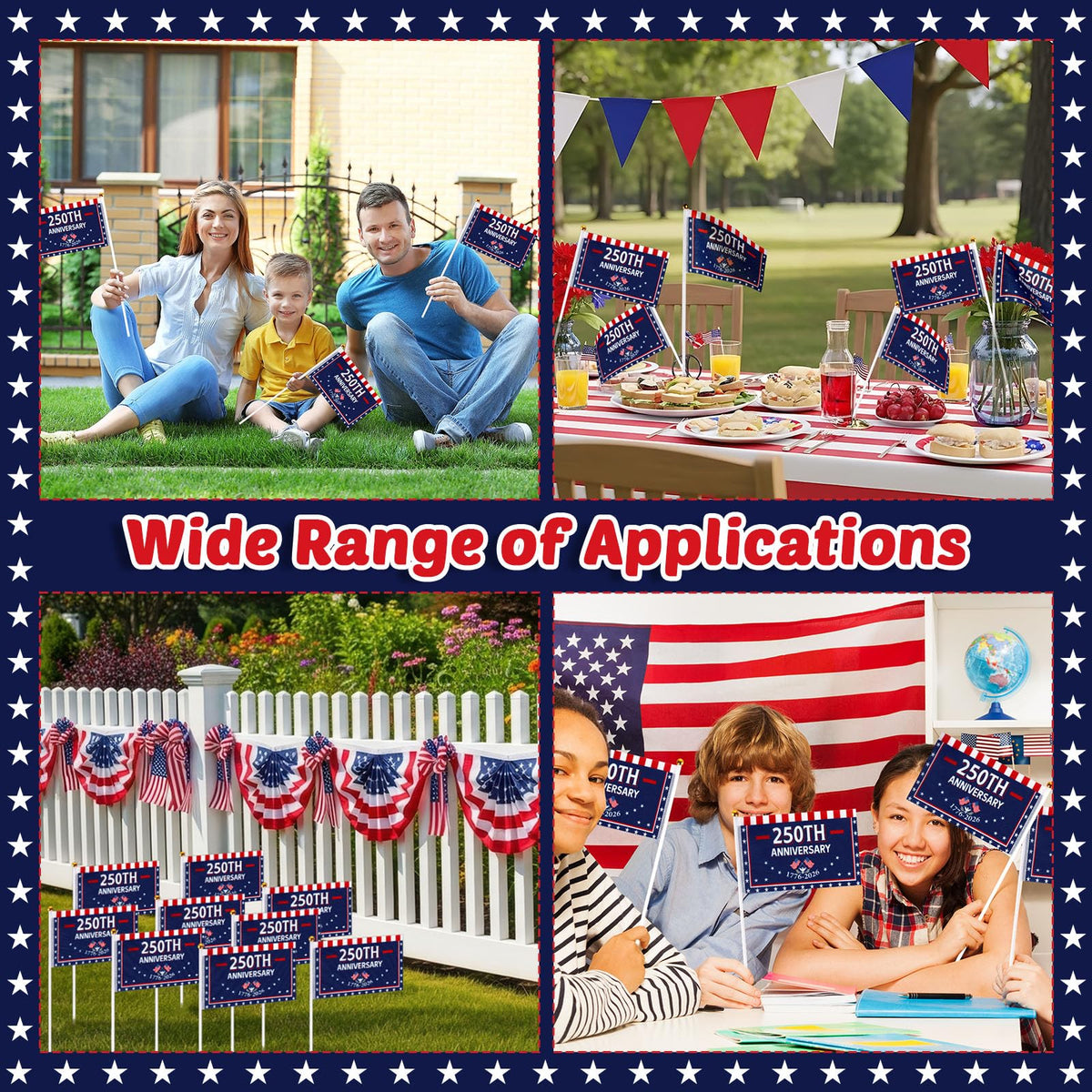 Party Greeting flags suitable for indoor and outdoor patriotic events.