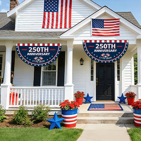 Party Greeting 250th fan flags withstand weather for indoor or outdoor use.