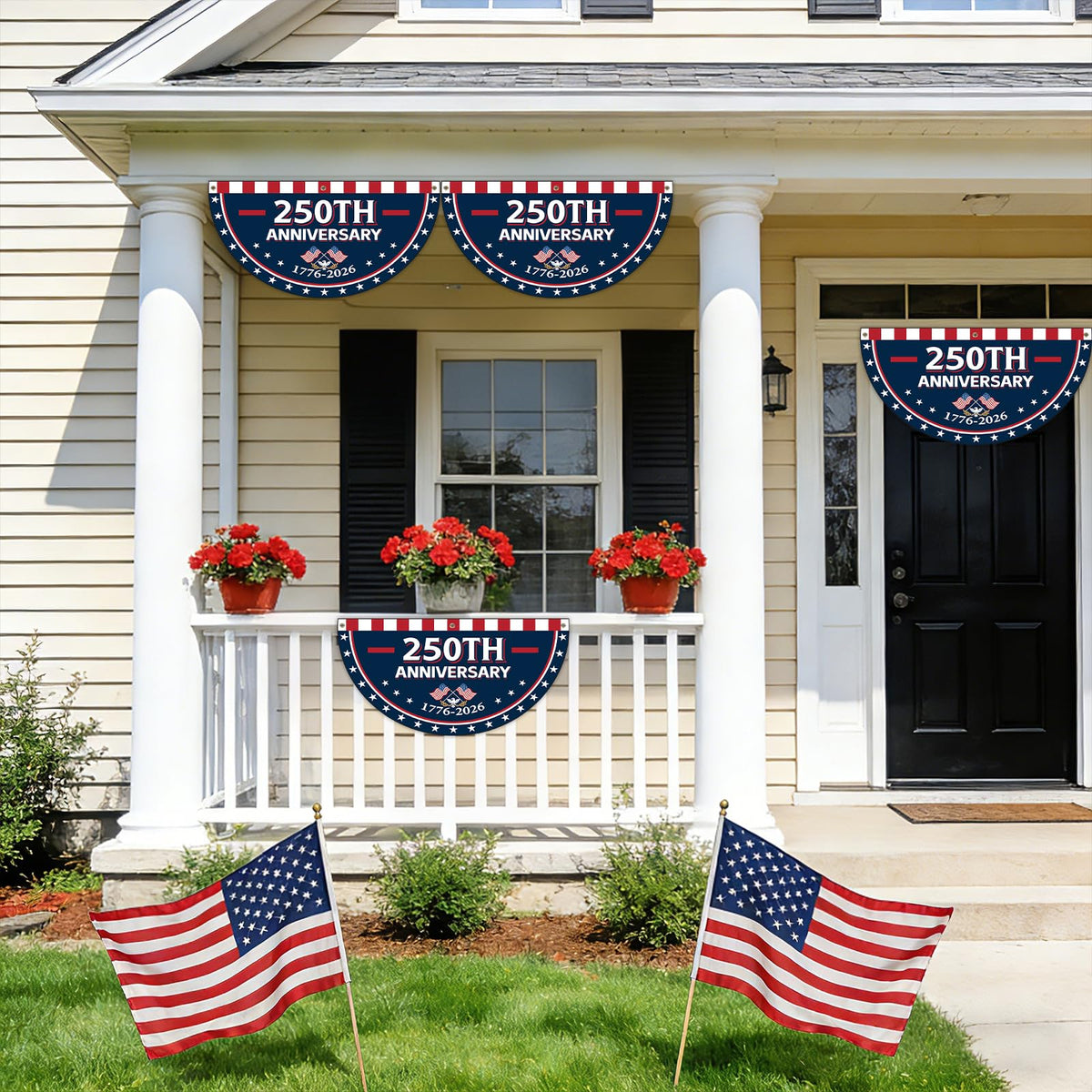 Party Greeting 1776-2026 banner set adds eye-catching color from a distance.