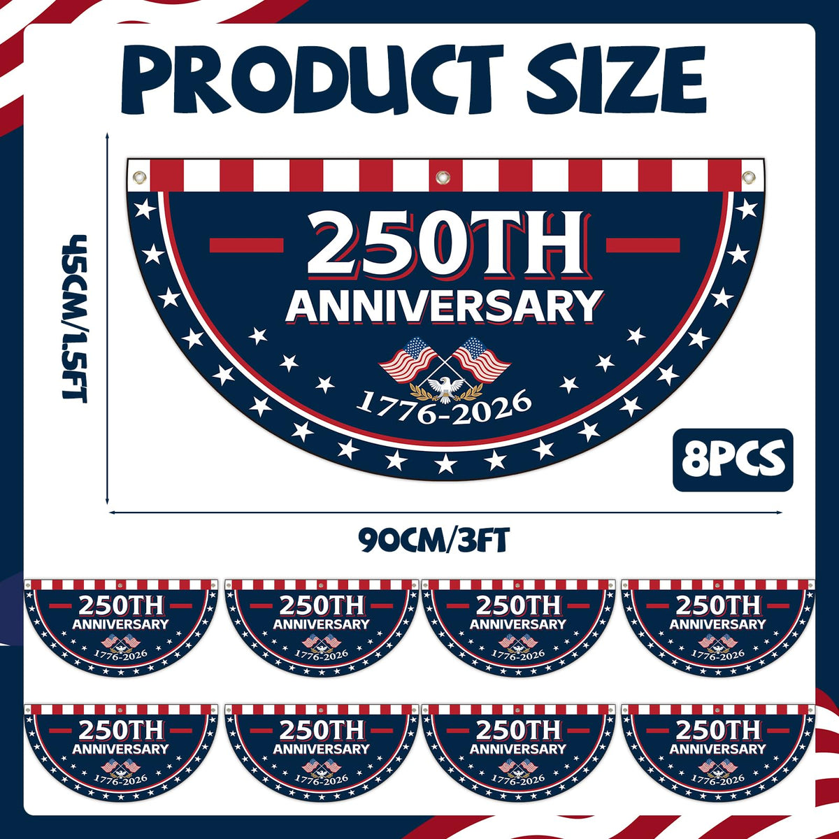 Party Greeting 8-panel flag bunting, vibrant red, white, blue for porch or yard decor.