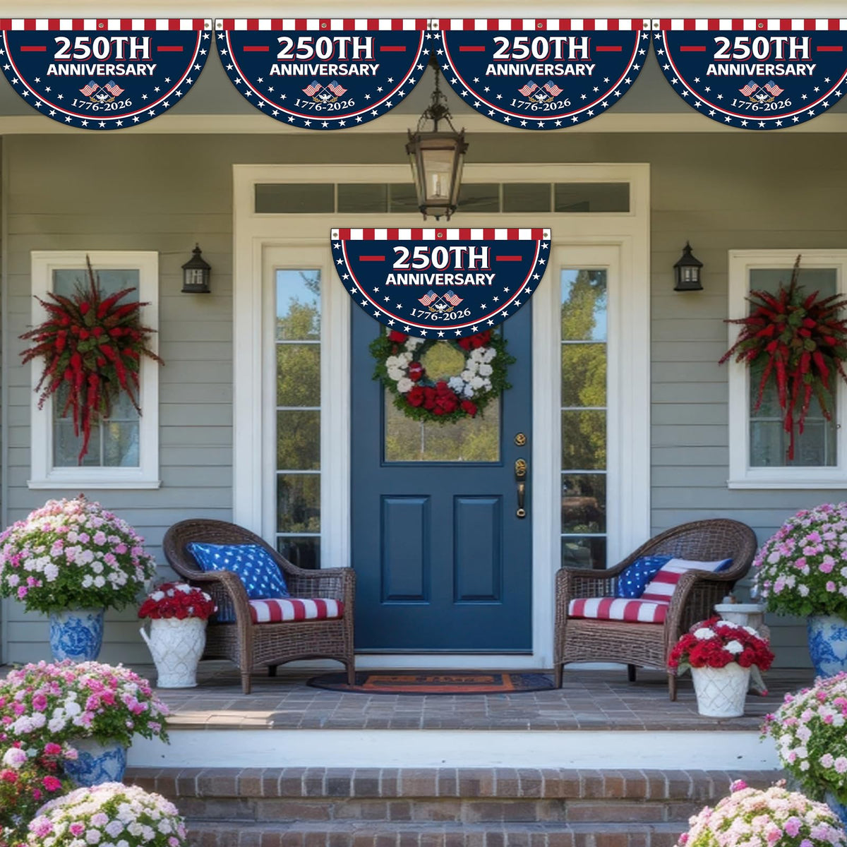 Party Greeting patriotic bunting with reinforced grommets for quick hanging.
