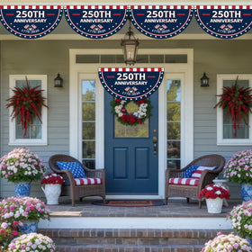 Party Greeting patriotic bunting with reinforced grommets for quick hanging.