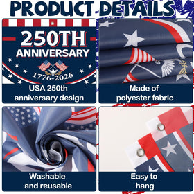 Party Greeting USA 250th anniversary flags, durable polyester that withstands rain and sun.