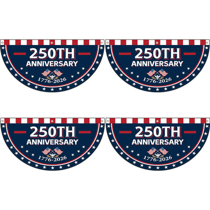 Party Greeting USA 250th bunting banner in red, white, and blue for outdoor celebration decor.