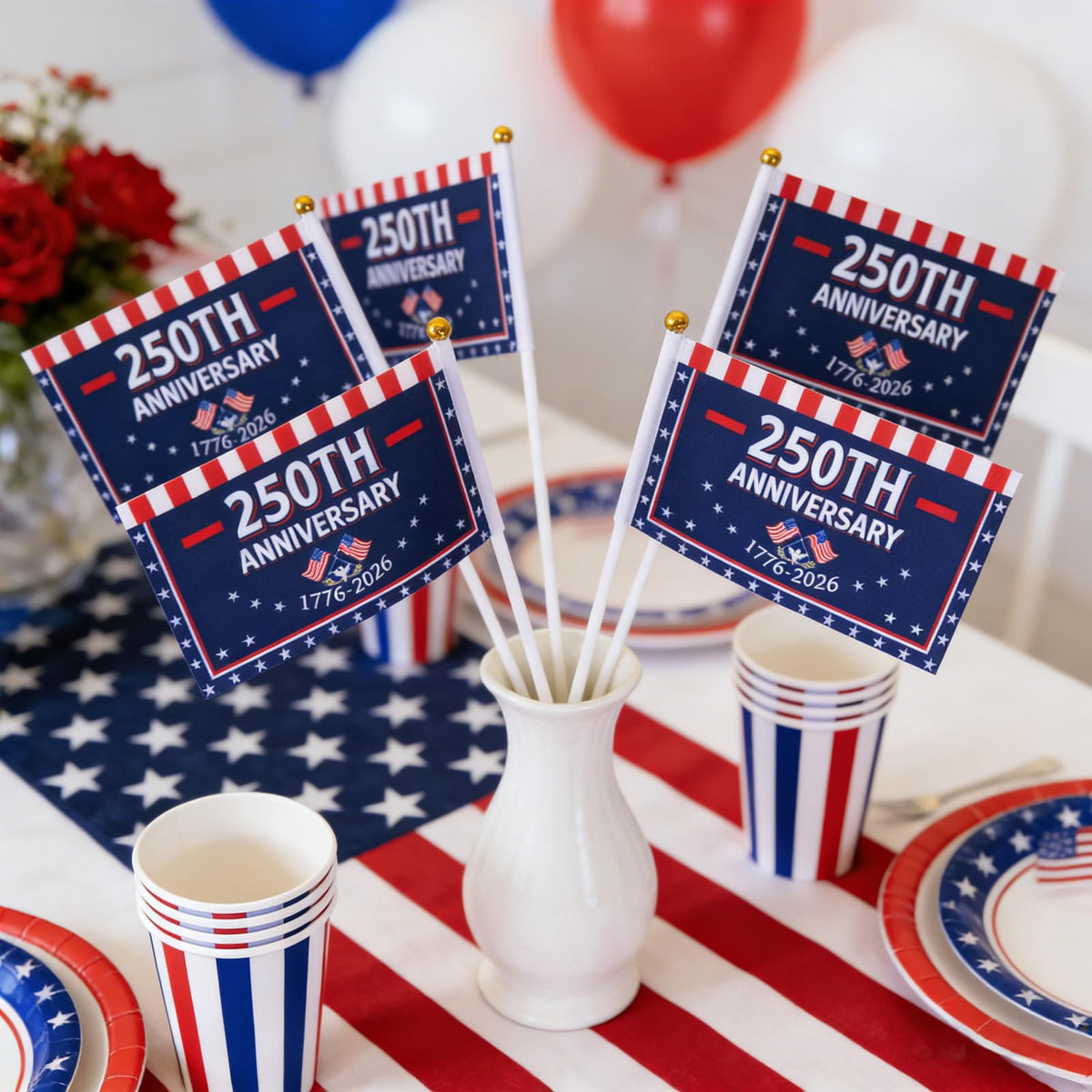 Party Greeting wooden sticks with gold finials add a polished patriotic touch.