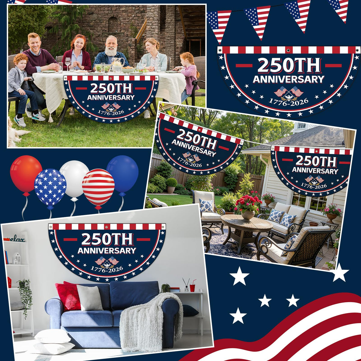 Party Greeting four banners suit Fourth of July and Memorial Day decorations.