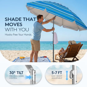 PASAMIC beach umbrella with dual tilt offers flexible sun protection.