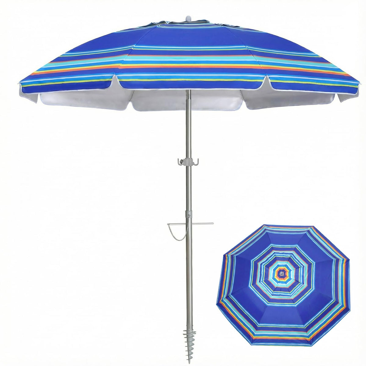 PASAMIC 7ft beach umbrella with sand anchor for stable shade on sand.