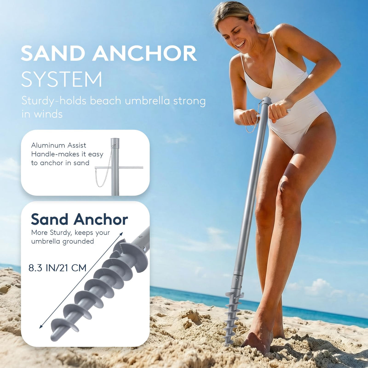 PASAMIC heavy-duty pole with stainless steel assist handle enables quick anchoring.