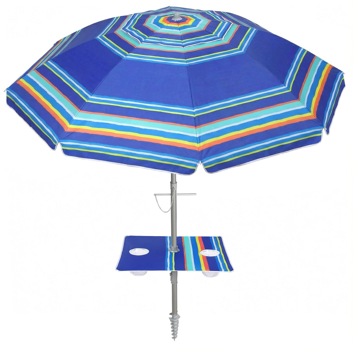 PASAMIC 7ft beach umbrella with built-in table for drinks on sandy shores.