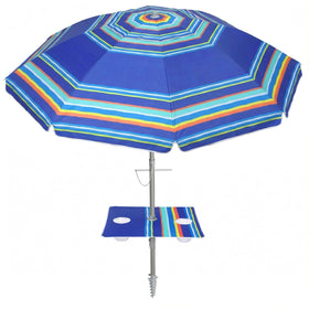 PASAMIC 7ft beach umbrella with built-in table for drinks on sandy shores.