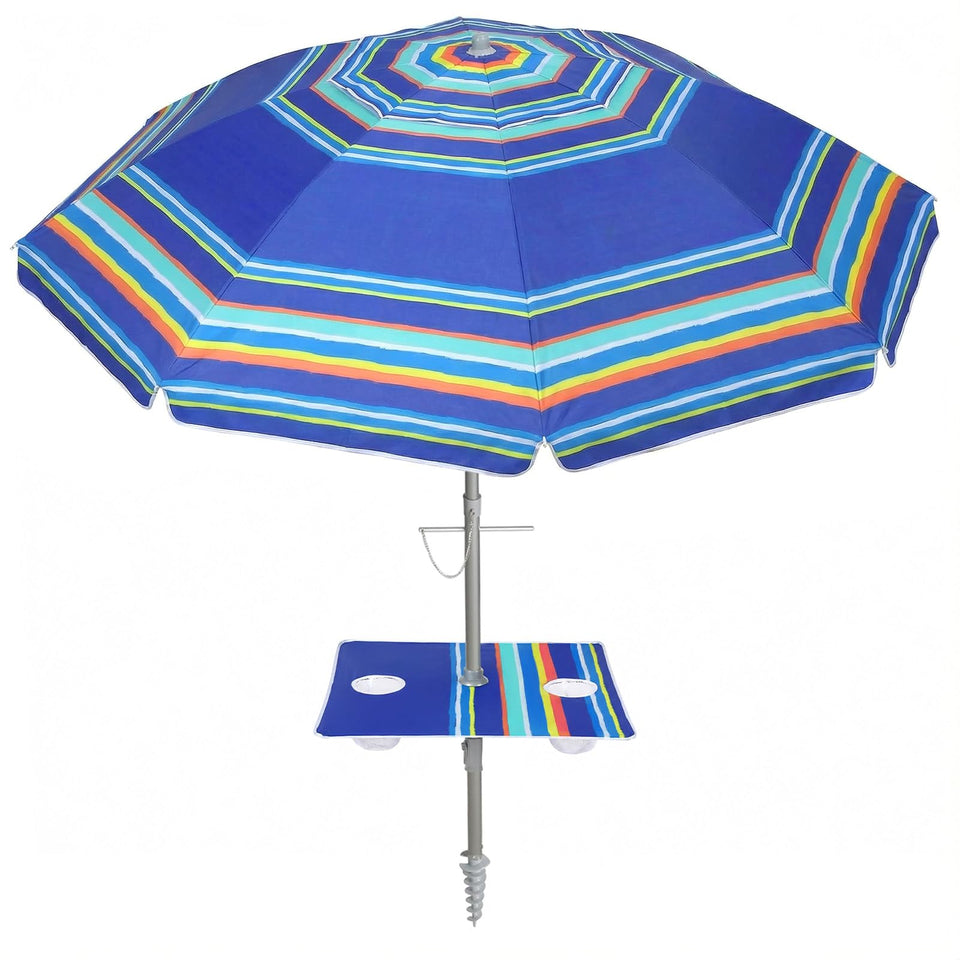 PASAMIC 7ft beach umbrella with built-in table for drinks on sandy shores.