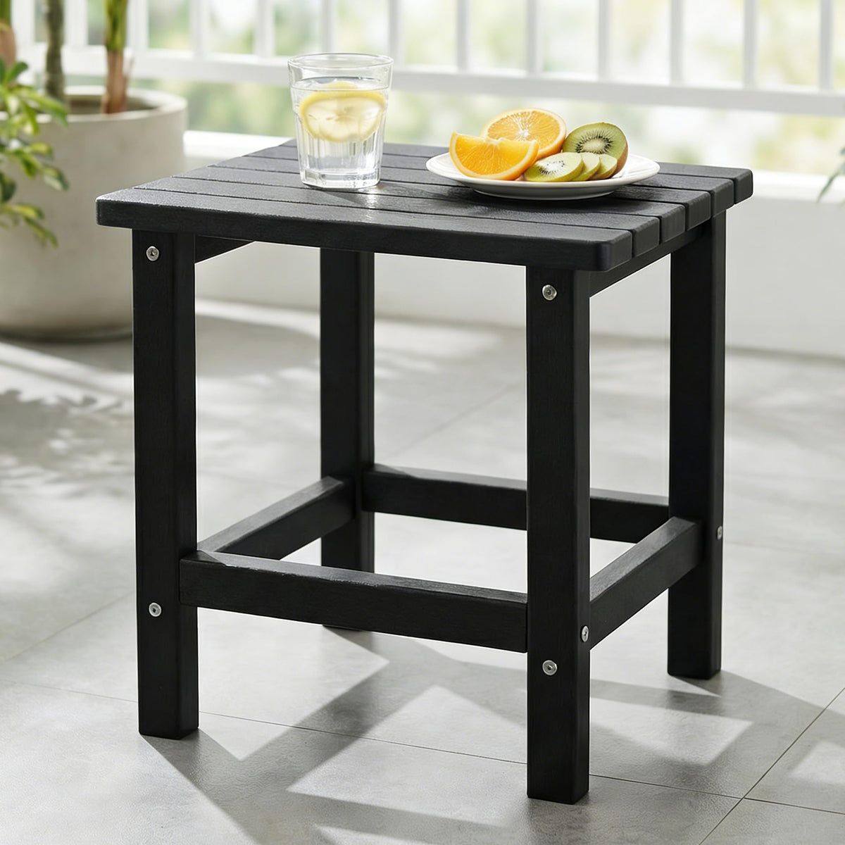 PASAMIC Adirondack square table front view, durable outdoor end table for drinks.