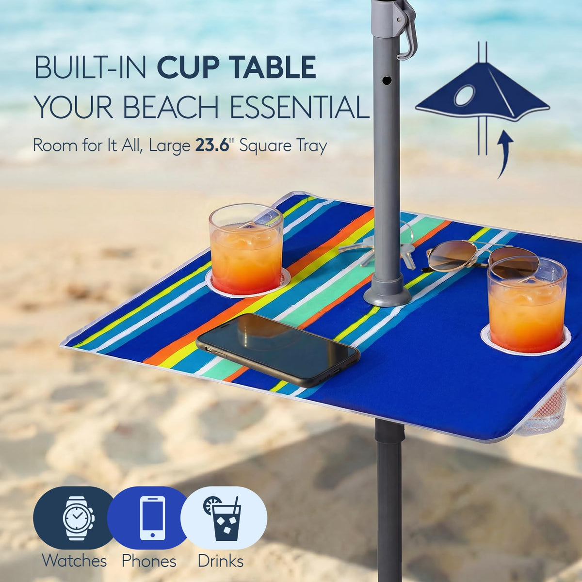 PASAMIC beach umbrella anchored in sand using upgraded sand anchor for stability.