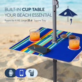 PASAMIC beach umbrella anchored in sand using upgraded sand anchor for stability.