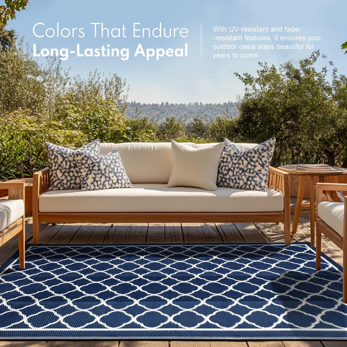 Pasamic UV-coated outdoor rug resists fading, keeps colors vibrant under sun.