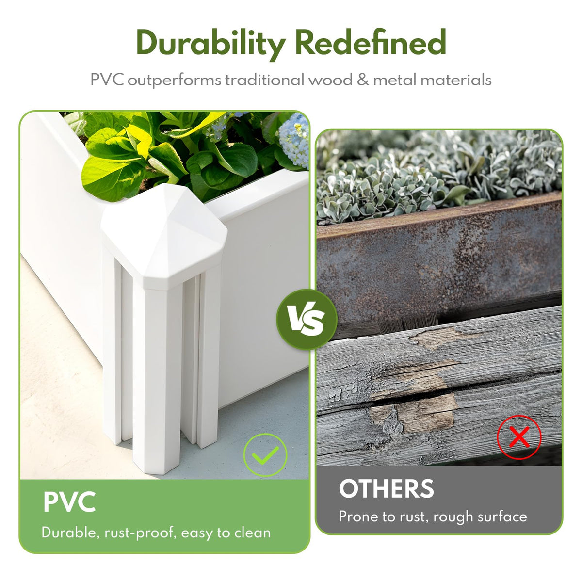 PASAMIC vinyl raised bed construction diagram, showing modular design for customizable outdoor shapes.