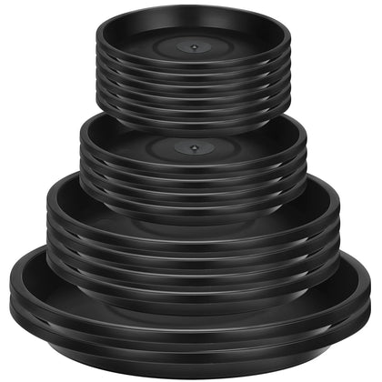 Patelai 16-pack black plant saucers for versatile indoor and outdoor use.
