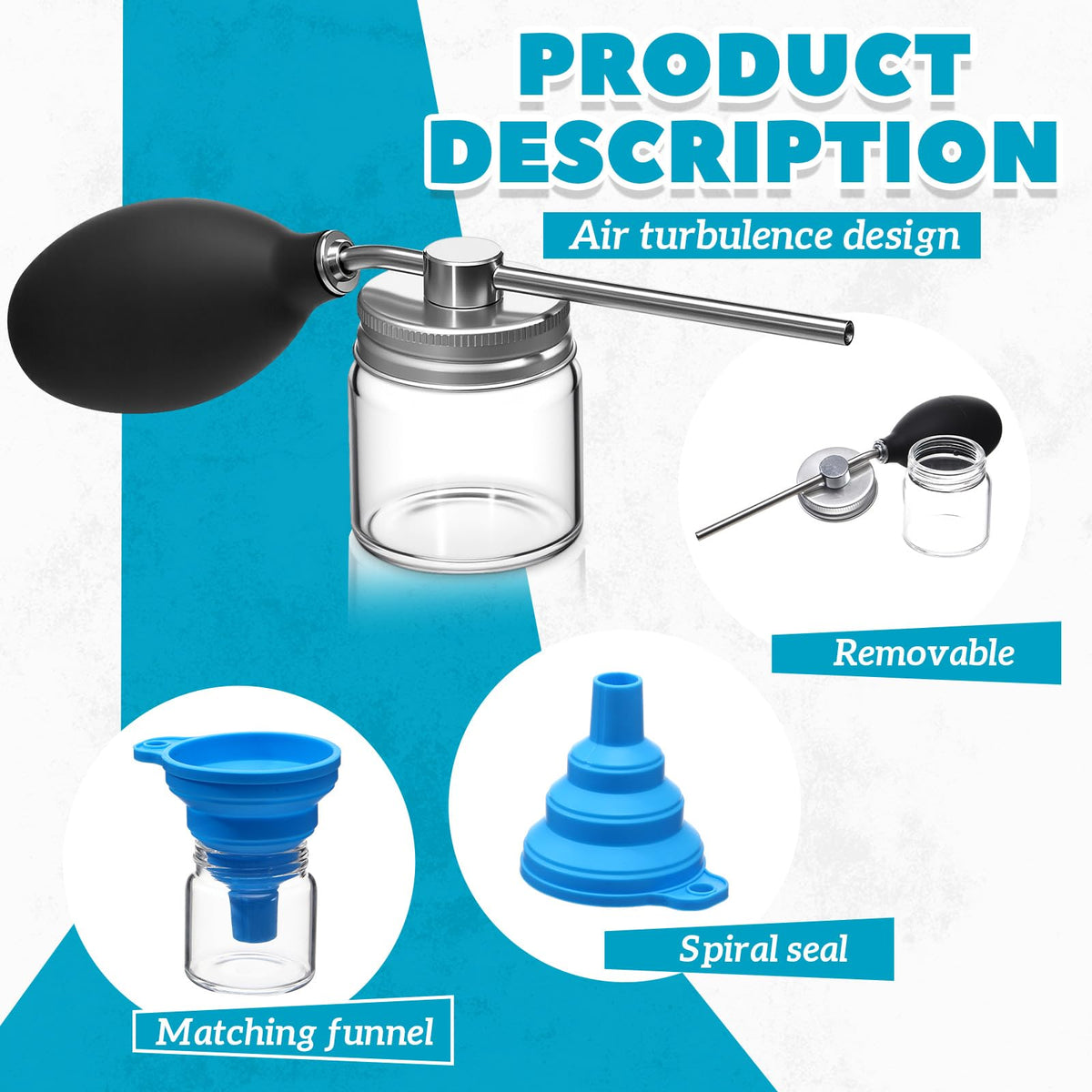 Patelai Diatomaceous Earth Duster glass bottle shows transparent powder level.