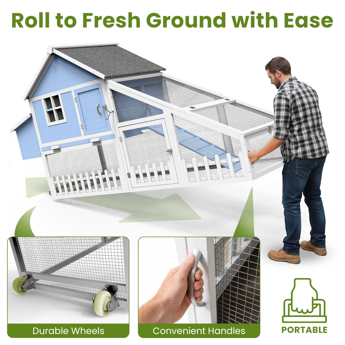Pathosio Pets weatherproof six-cleat ramp demonstrates safe entry for chickens of all ages.