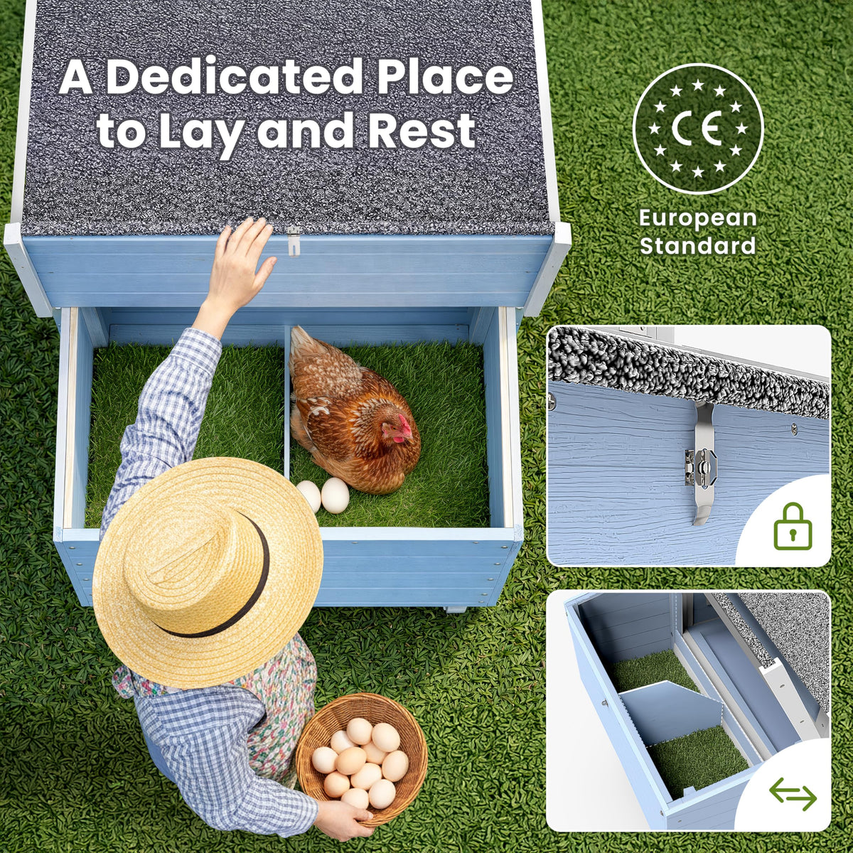 Pathosio Pets weatherproof nesting box image highlights convenient egg-laying station for layers.