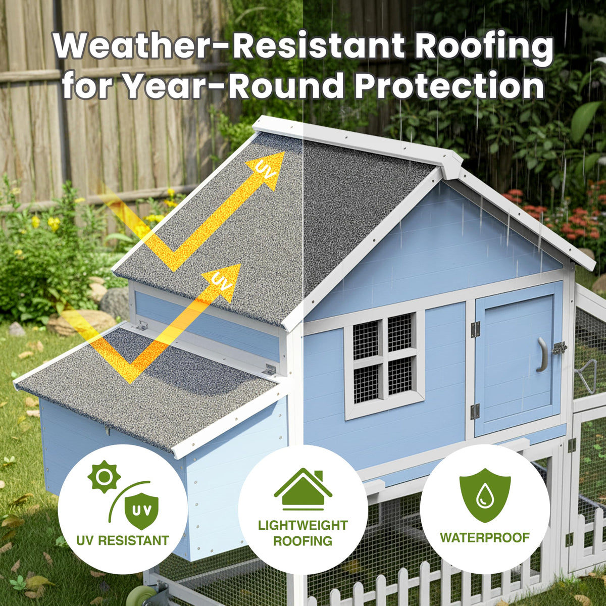 Pathosio Pets weatherproof chicken coop run area shows spacious outdoor access for flocks.