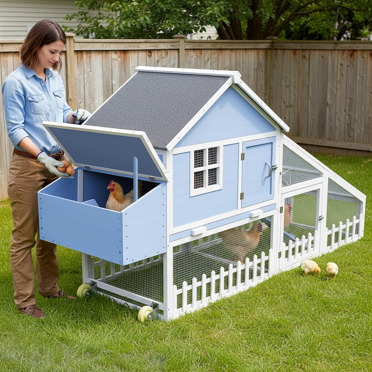Pathosio Pets weatherproof walk-in chicken coop provides secure shelter for backyard hens.