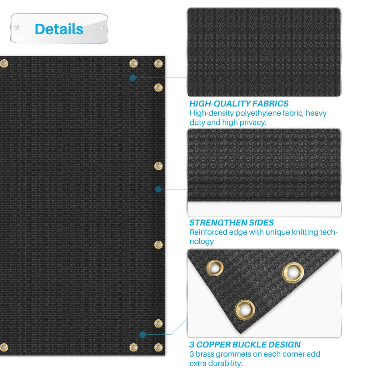 Patio brass grommets and reinforced seams boost durability on decks.