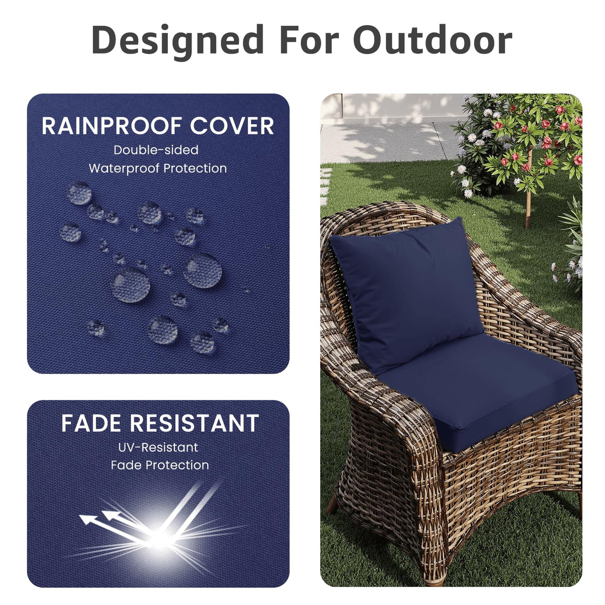 PatioGlow cushions feature waterproof outer cover and inner lining.
