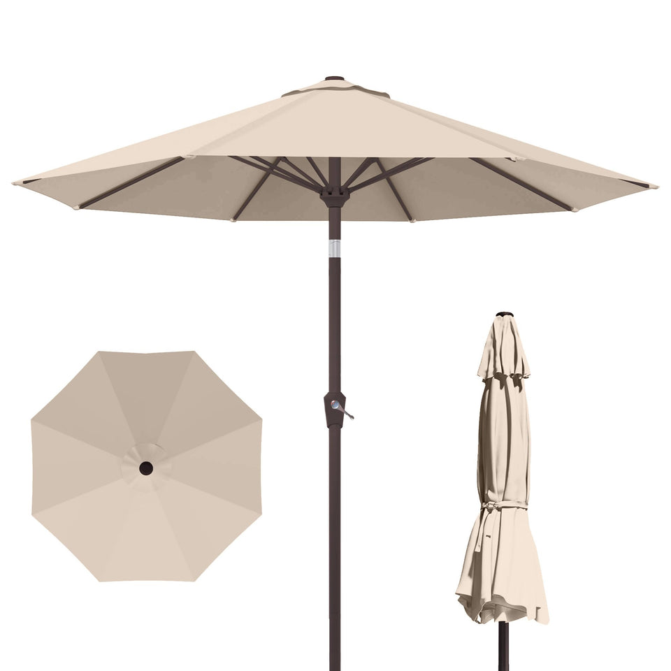 Patio Kingdom 10ft umbrella in full view providing broad shade for outdoor gatherings.