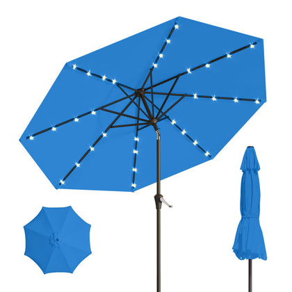 Patio Kingdom 10ft solar LED umbrella in royal blue provides shade and ambient lighting.