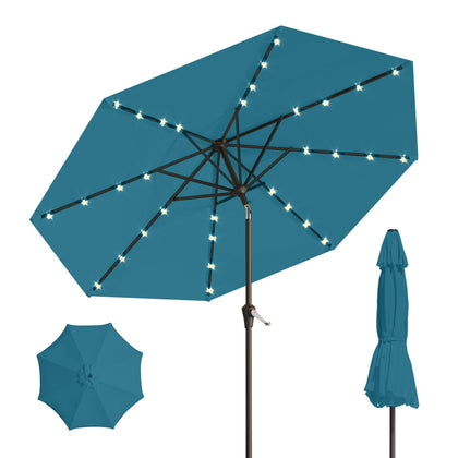 Patio Kingdom 10ft solar LED umbrella provides shade with ambient lighting.
