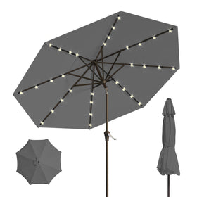 Patio Kingdom 10ft solar umbrella provides shade with integrated lighting for ambient outdoor evenings.