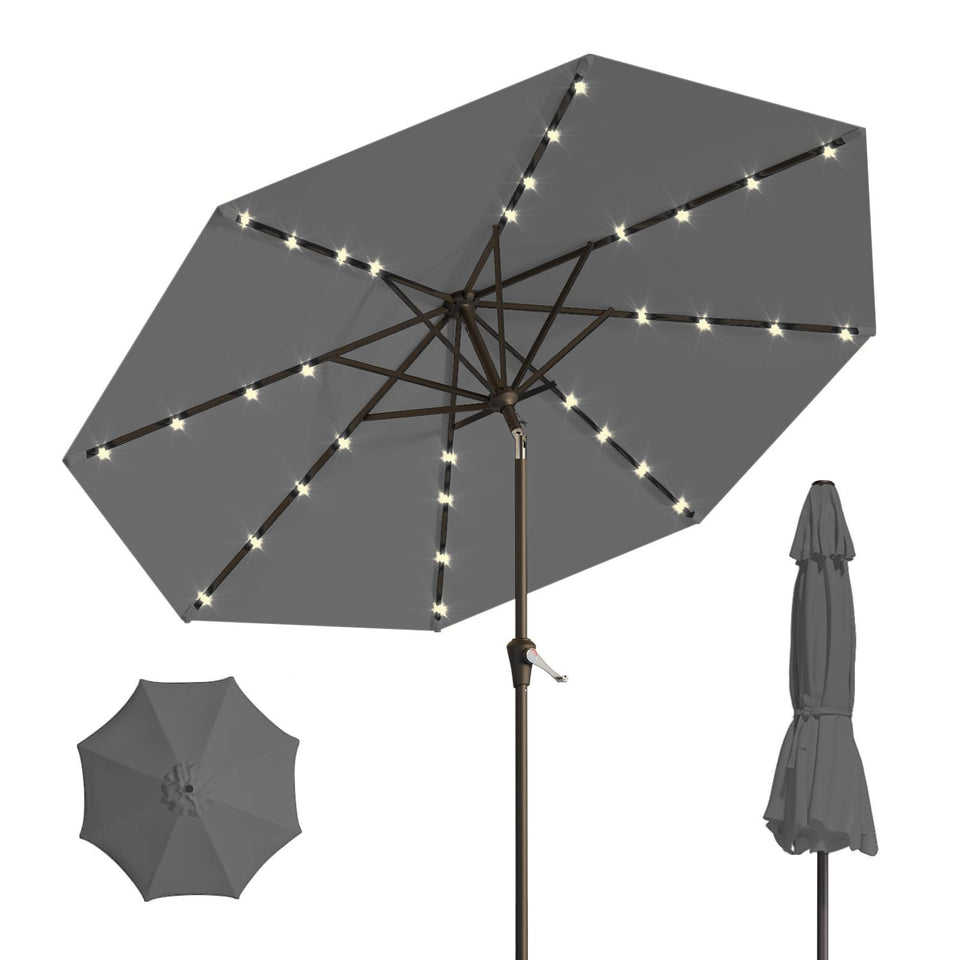 Patio Kingdom 10ft solar umbrella provides shade with integrated lighting for ambient outdoor evenings.