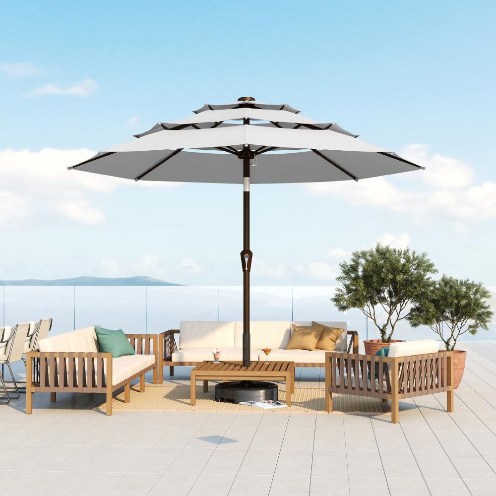 Patio Kingdom 10ft umbrella with 3-tier canopy providing ample shade for outdoor gatherings.