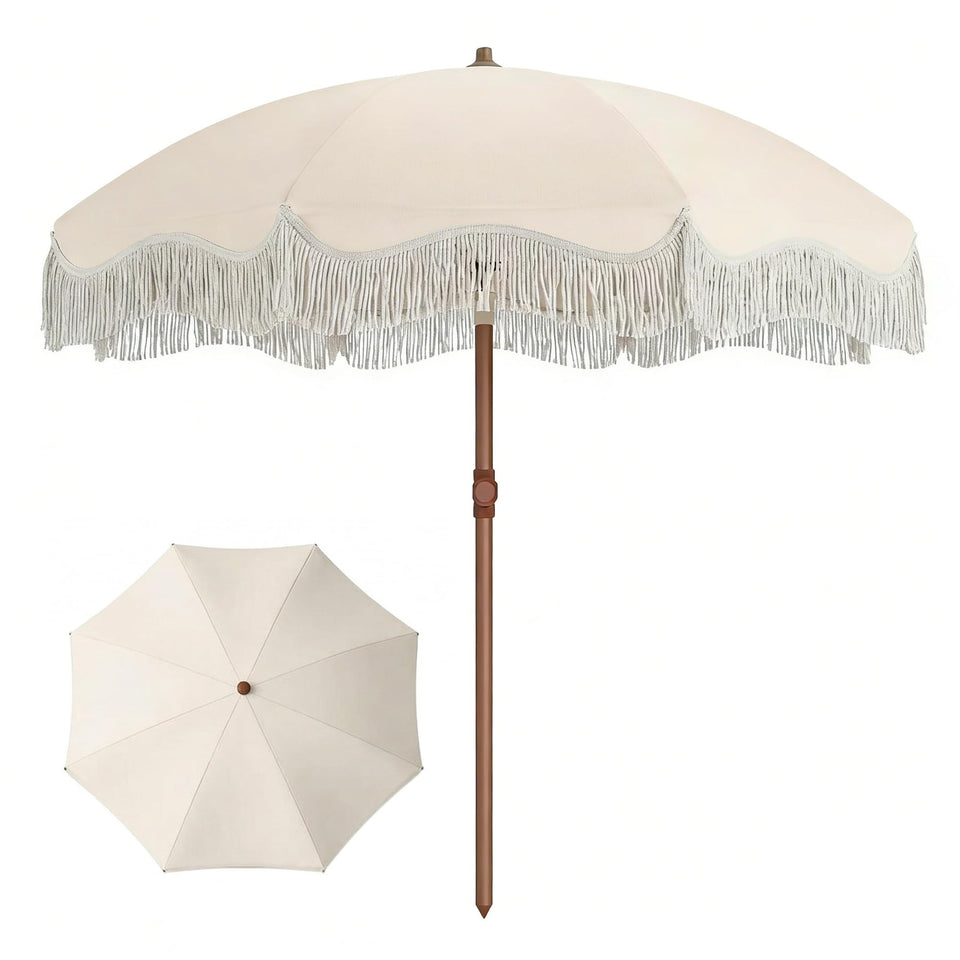 Patio Kingdom 7ft boho fringe umbrella provides portable shade for sunny days.
