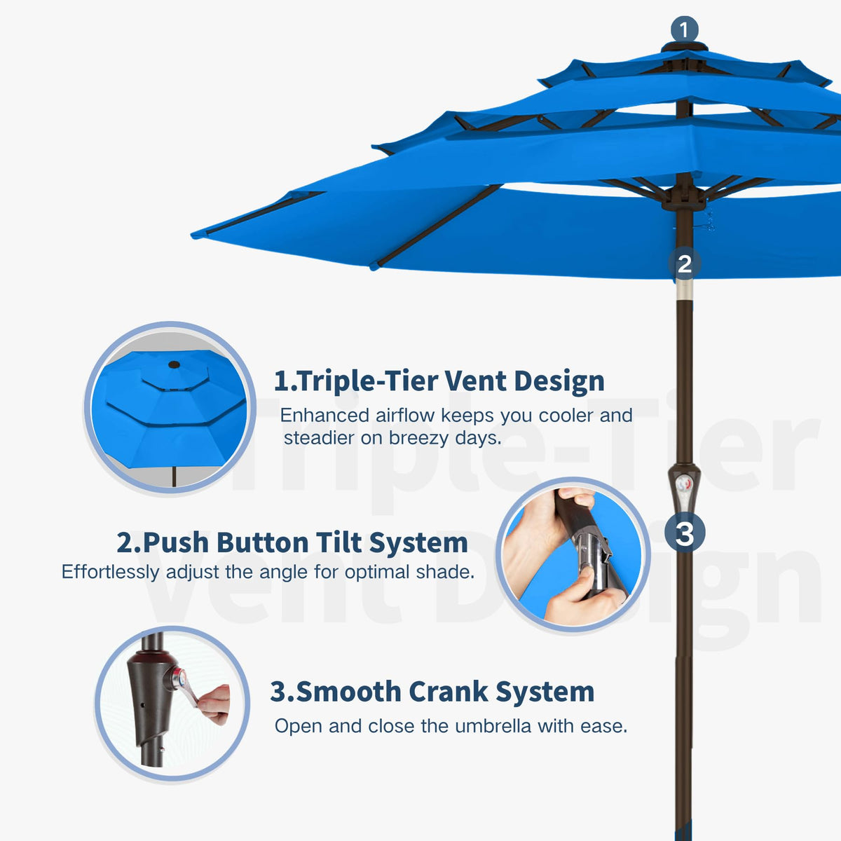 Patio Kingdom 8-rib frame delivers stable, wind-resistant shade.