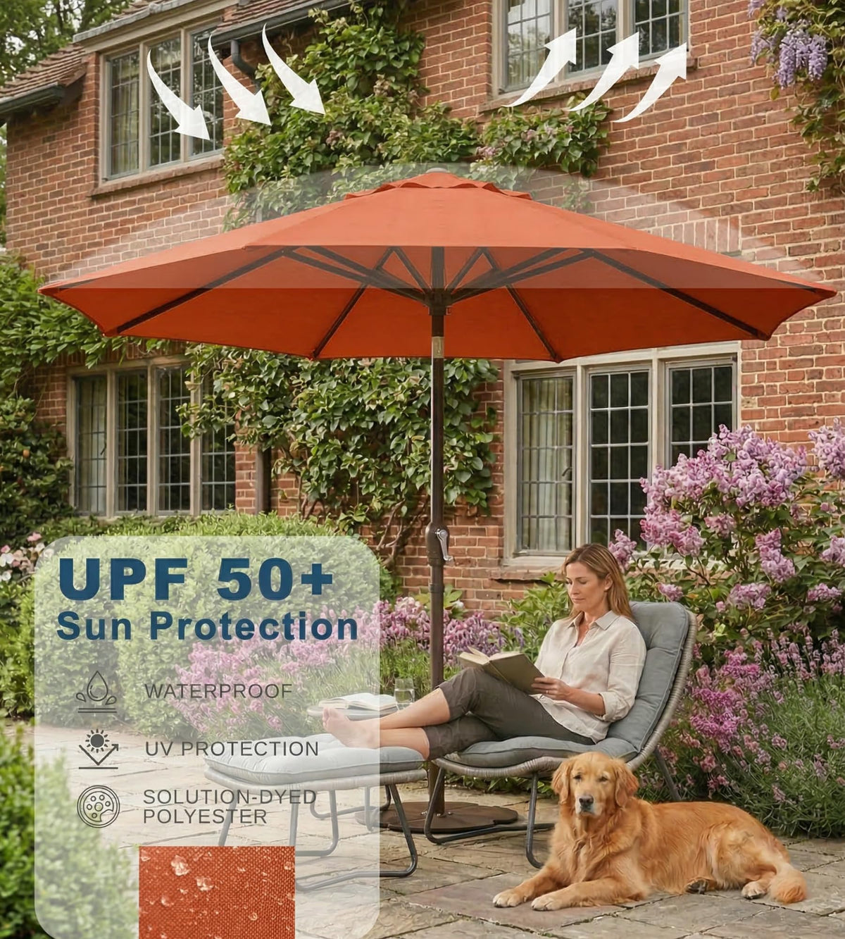 PatioKingdom 9ft umbrella crank tilt mechanism in action for adjustable shade