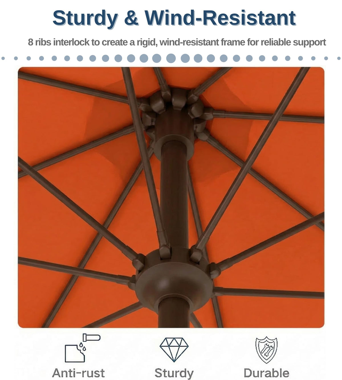 PatioKingdom 9ft umbrella fiberglass ribs close-up highlighting durability