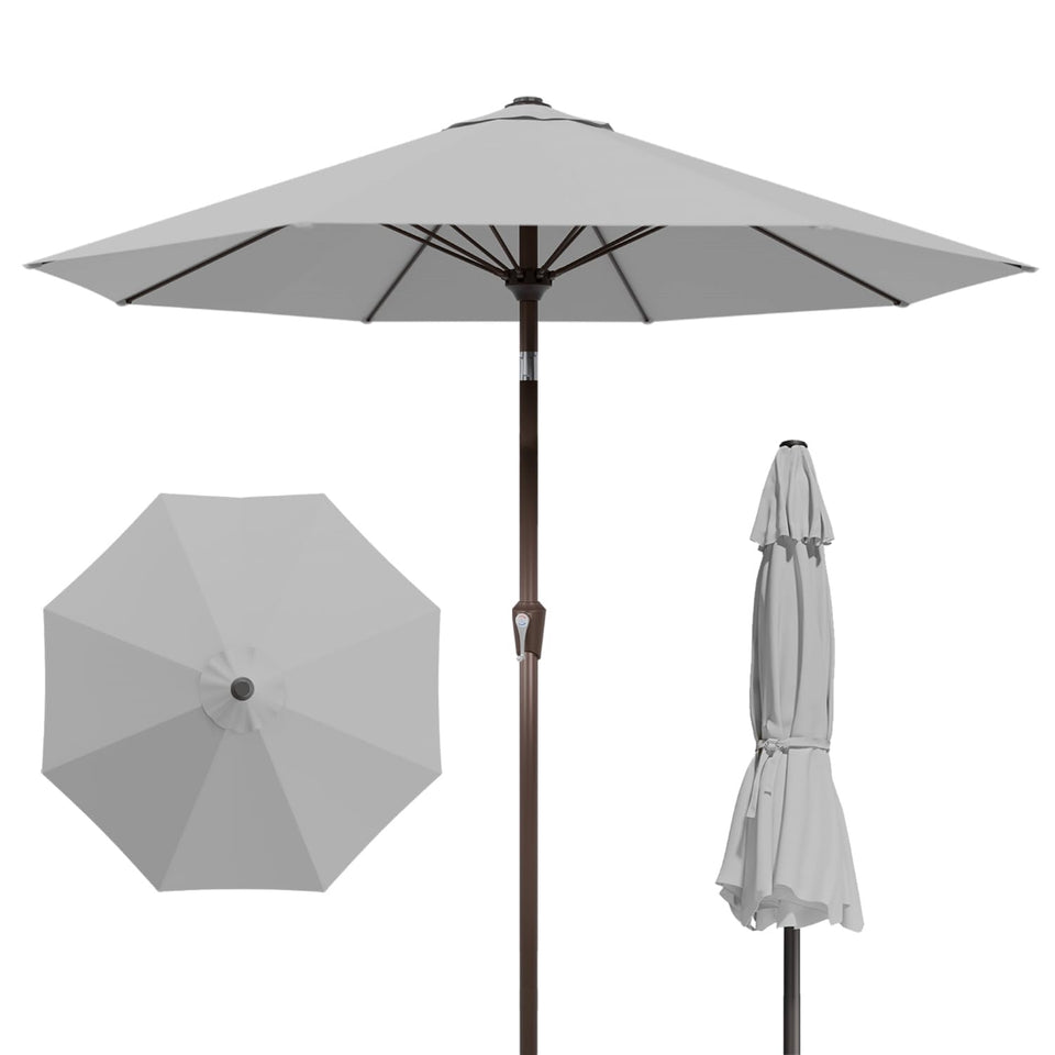Patio Kingdom 9FT umbrella with push-button tilt for adjustable shade.